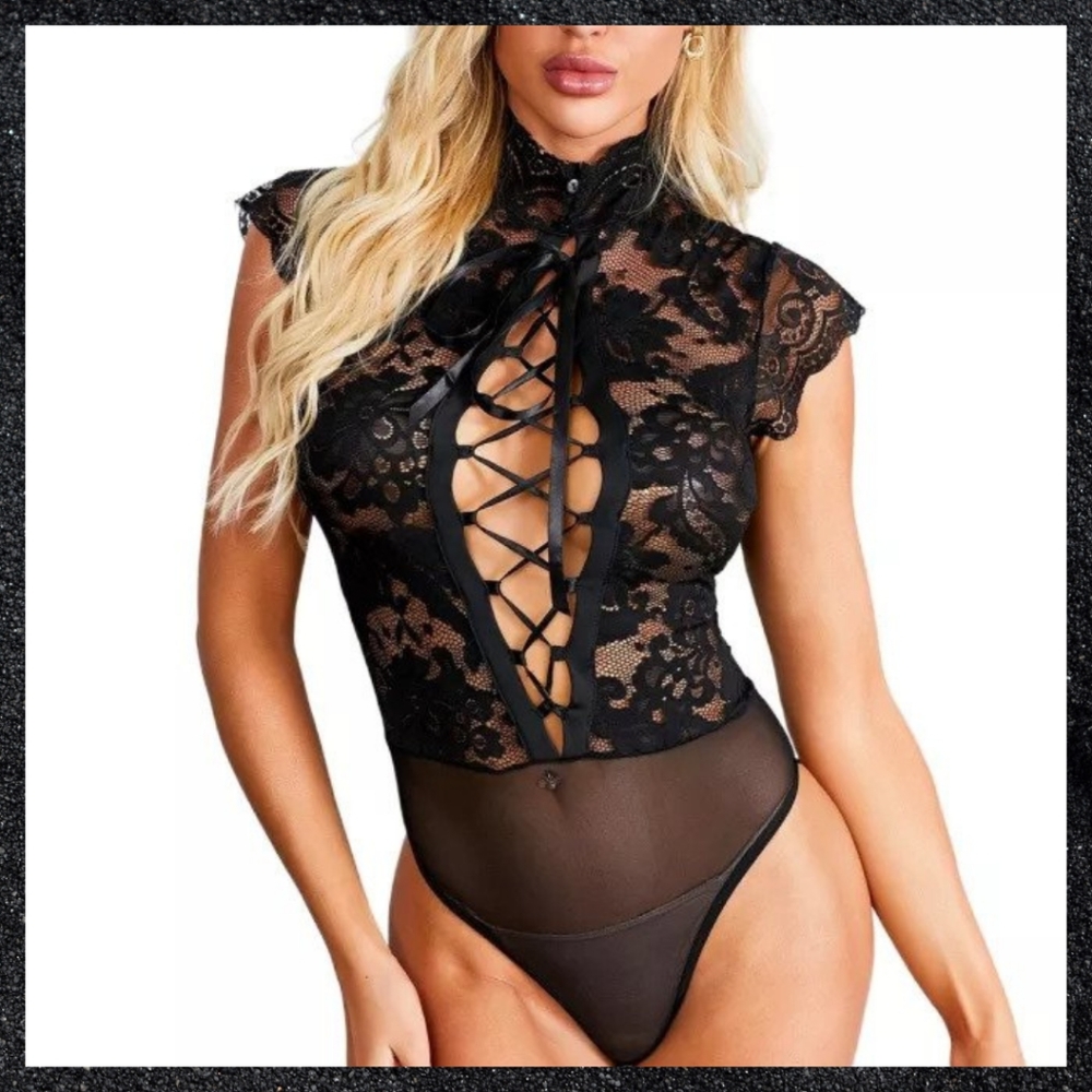 Black Strappy Front High-Neck Sheer Floral Lace Cap Sleeve Bodysuit
